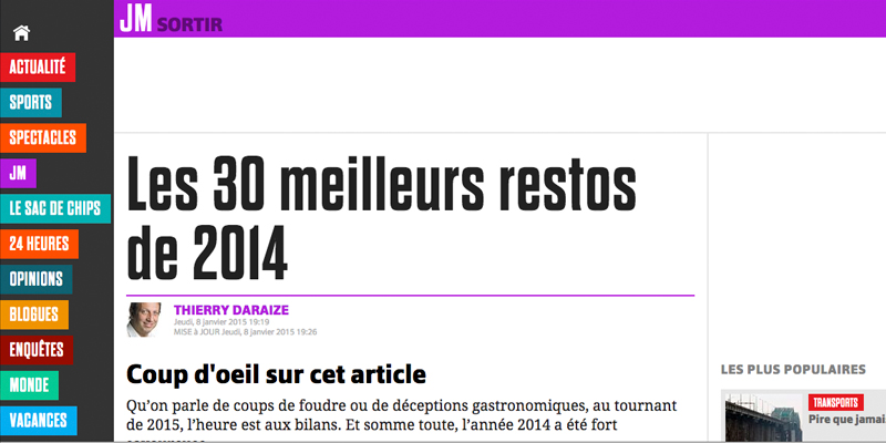 Journal de Montréal: The 30 best restaurants 2014