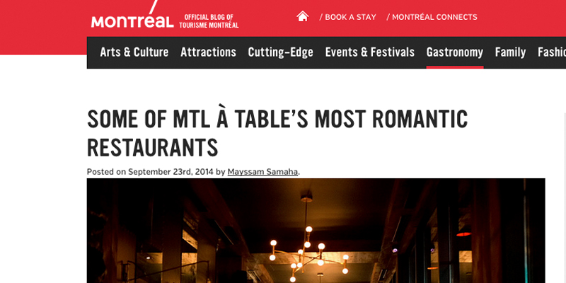 Tourisme Montréal: SOME OF MTL À TABLE’S MOST ROMANTIC RESTAURANTS
